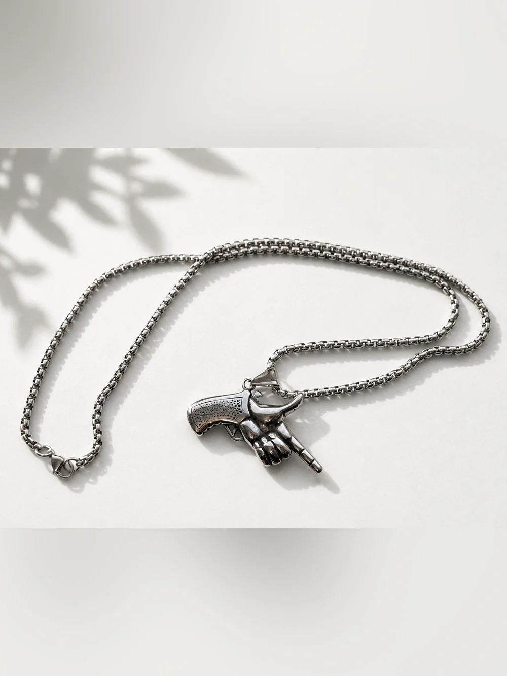 Stainless Steel Hand Gesture Gun Pendant Necklace - Men 22 Inches